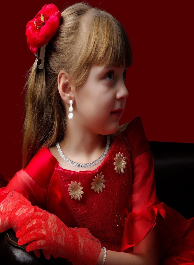 Newcotte 4 Pcs Pearl Necklace Sets Jewelry Communion Glove for First Communion Tea Party Wedding(Red) - Image 2